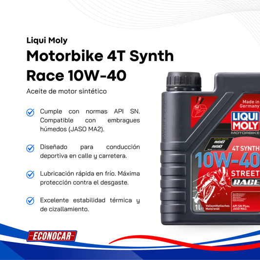 Aceite de Moto 4T Sintético Liqui Moly Street Race 10W-40 1 Litro
