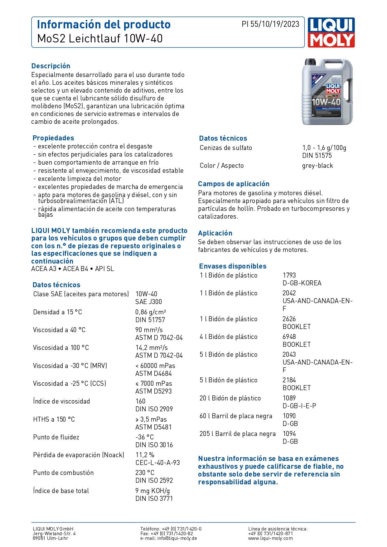 Aceite de Motor Liqui Moly MoS2 Leichtlauf 10W-40 1L